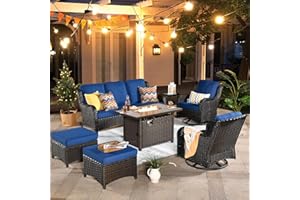 ovios 7 Pieces Patio Furniture Set with Fire Pit Table, Outdoor Wicker Sofa Couch Swivel Rocking Chairs with Comfy Cushions, All Weather Conversation Set, Brown Rattan, Navy Blue