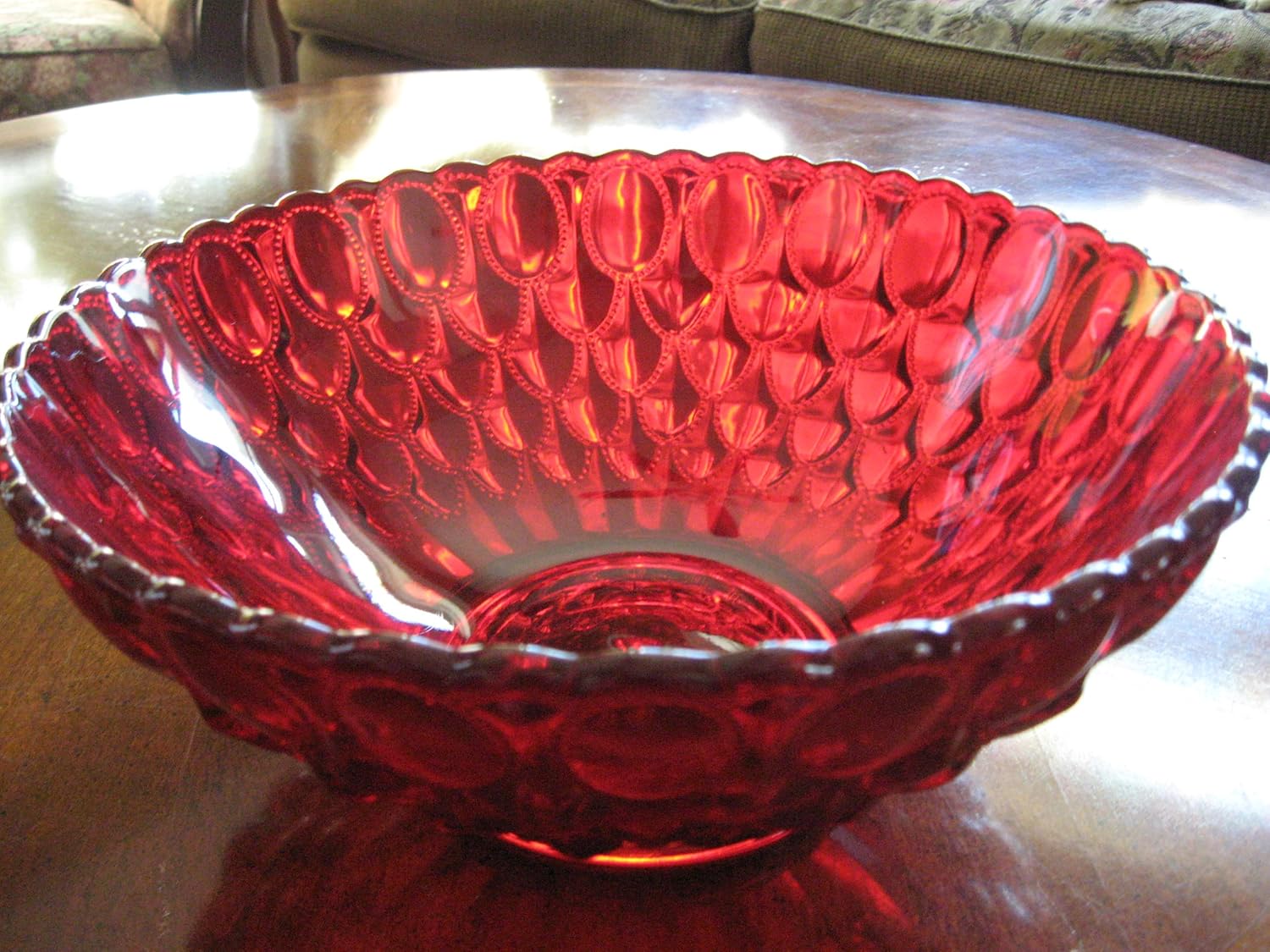 Ruby Red Glass Large Serving Bowl Elizabeth Pattern Made in Ohio