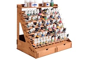 Plydolex Plywood Storage Rack - 105 Bottle Holes for 17 ml Vallejo Paints, 14 Paintbrush Slots, 6 Miniature Stands, 2 Drawers, a Shelf & a Brush Tray - Works for DnD, Warhammer 40K and Other Minis