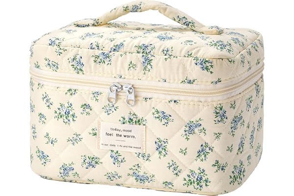 HBselect Quilted Makeup Bag for Women, Floral Cotton Cosmetic Bag Large Travel Makeup Bag Coquette Aesthetic Toiletry Bag