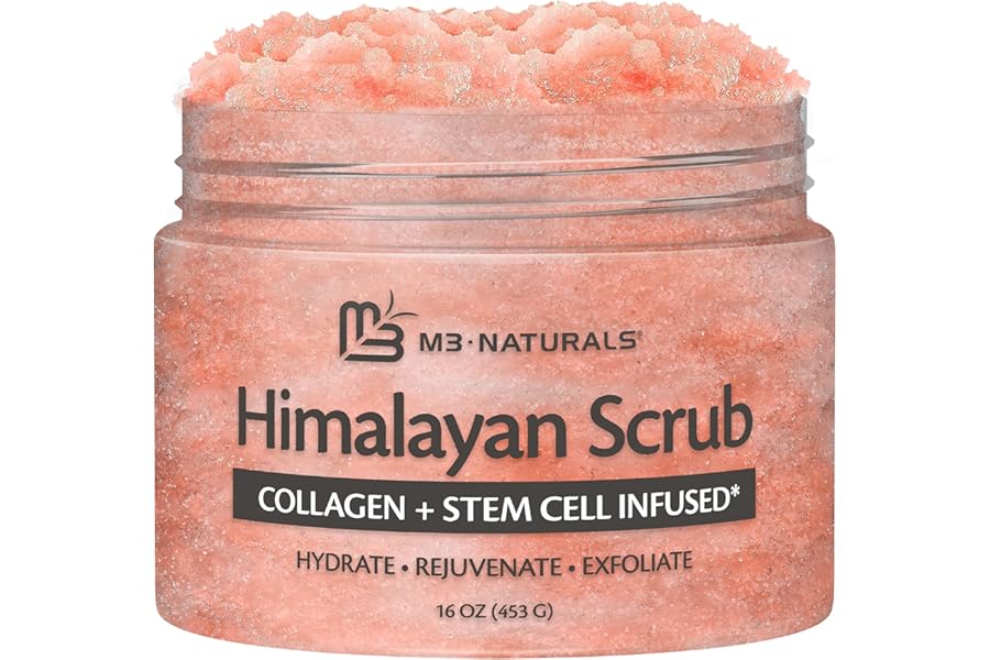 Himalayan Salt Scrub, Face, Foot, and Body Exfoliator with Collagen and Stem Cells, Exfoliating Scrub for Toning, Cellulite, and Skin Care by M3 Naturals 16 fl oz