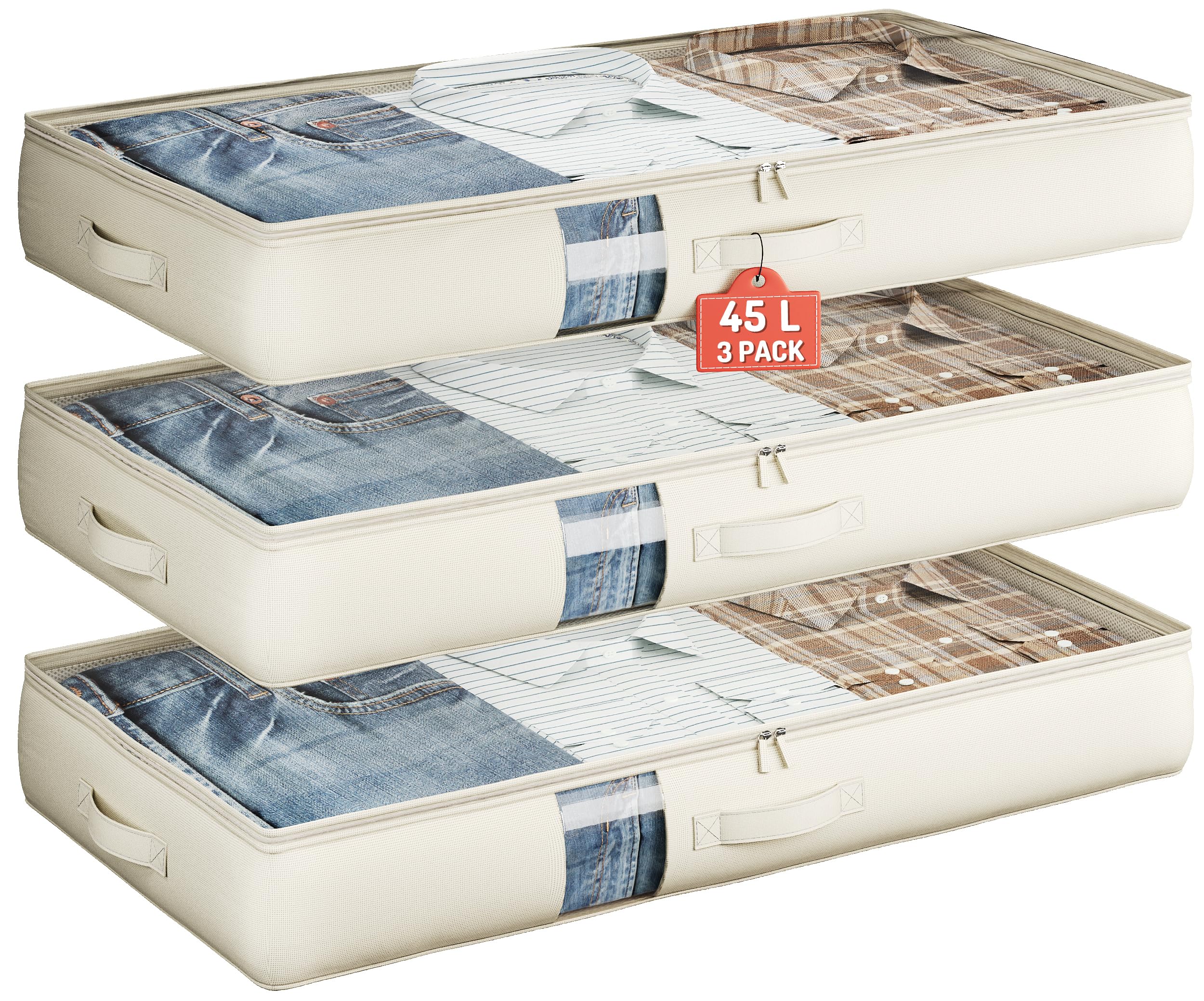 Photo 1 of Under Bed Storage Containers with Window, Closet Organizers and Storage Bags, Foldable Underbed Storage Bags for Blankets, Clothing, Comforter, Linen Sheets, Wrapping Paper, 3 Pack, White Ivory