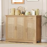 Keehusux Rattan Storage Cabinet with 3 Doors and Drawer, Natural Oak | Accent Sideboard Buffet Cabinet with Adjustable Shelves, Boho Kitchen Cabinet, Coffee Bar for Living Room, Entryway