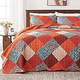 Qucover Patchwork King Quilt Bedding Set, 3 Piece Burnt Orange Bedspread Coverlet Set with Pillowcase, Soft Microfiber Autumn Fall Quilts King Size, 106"x96"