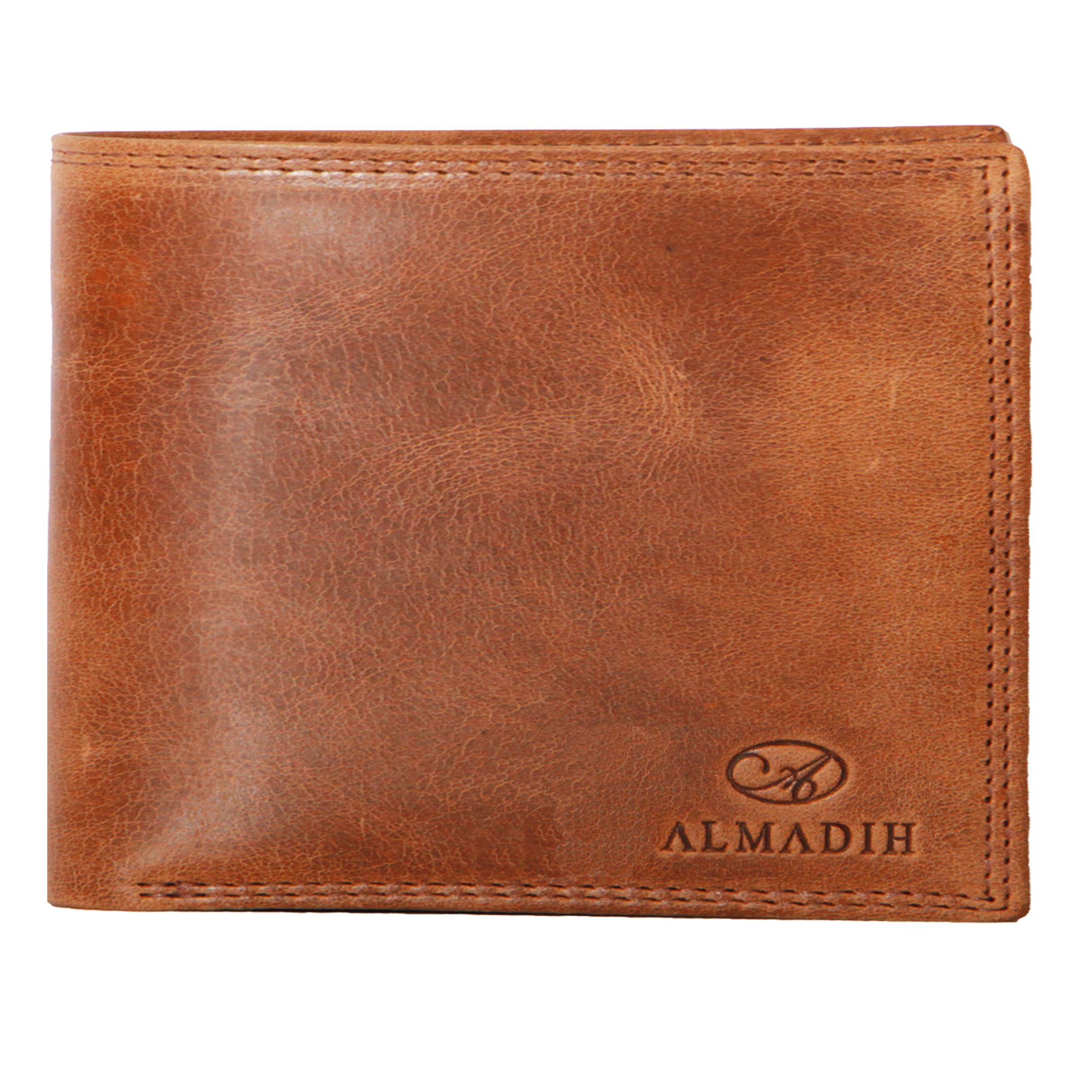 ALMADIH Leather Wallet Landscape Format 15 Card Slots with Gift Box P2Q Brown Tan Premium Cow Leather - Men Purse Credit Card Case Holder Coin Storage pouche ID Window Note case Genuine (P2Q Tan)