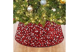 ROMANKAS Christmas Tree Collar Red and Black Glitter Xmas Tree Collar 23.6 Inch Sequins Christmas Tree Skirt Sparkle Tree Base Cover Bling Xmas Tree Ring for Holiday Party Christmas Decoration