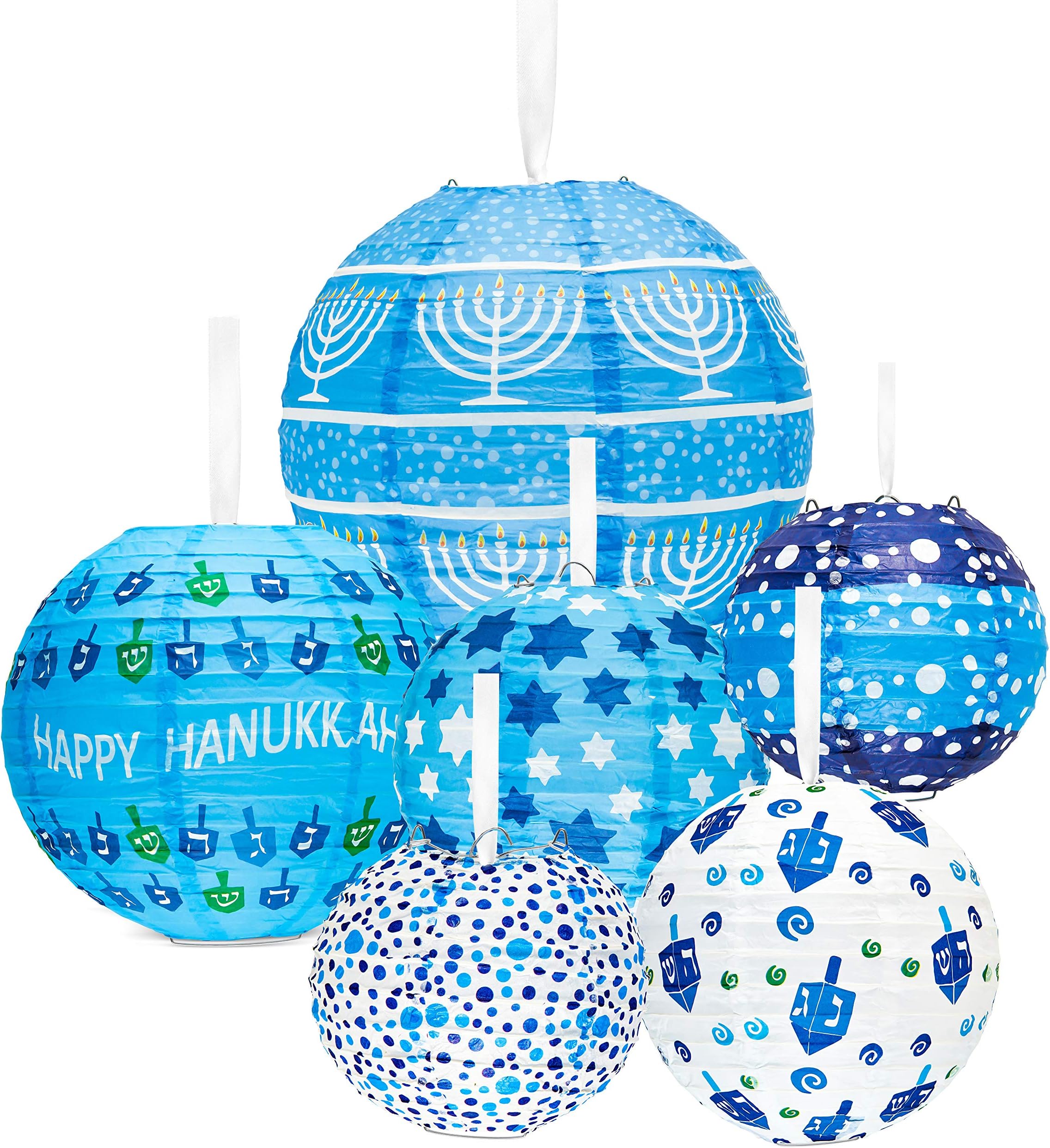 Aviv Judaica Hanukkah Lantern Ball Ceiling Mount - Hanukkah Decorations 6 Piece Assorted Hanukkah Designs Ball Lantern