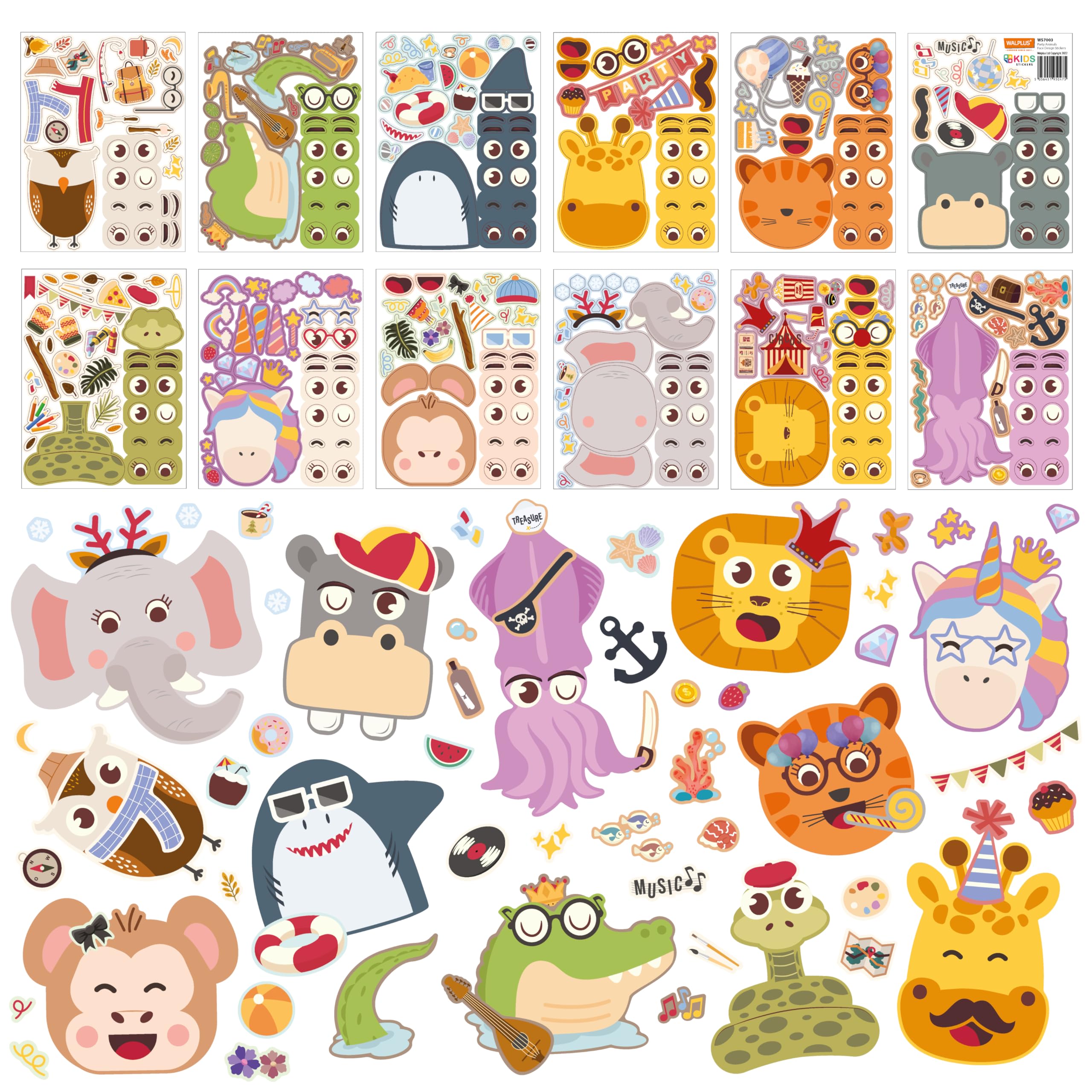 WALPLUS Make-a-face Sticker Make Your Own Animal Mix and Match Sticker Kids Party Favor Supplies Craft Gift Ideas Party Animals Face Design 48 Sheets 15x20cm — image 1