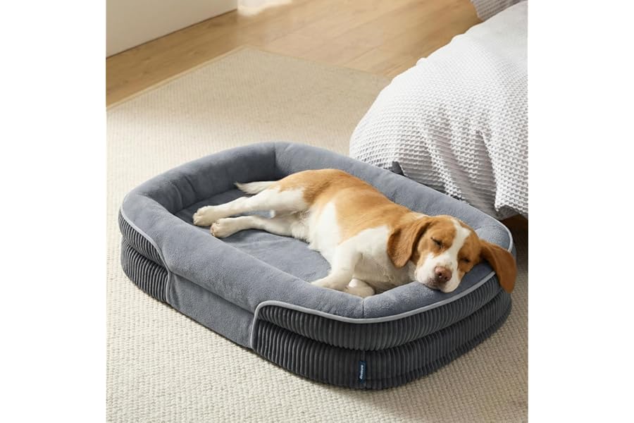 Bedsure Orthopedic Dog Beds Large Sized Dog - 360° Oval Bolster Large Dogs Bed for Senior Dogs with Waterproof Washable Cover, Big Comfort Pet Sofa Couch with Ultra-Soft Fleece, Grey, 35"