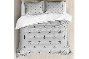 Ambesonne Airplane Duvet Cover Set, Diagonal Stripes Travel Silhouettes Vacation Aviation, Decorative 3 Piece Bedding Set with 2 Pillow Shams, Queen Size, Petrol Blue Black White