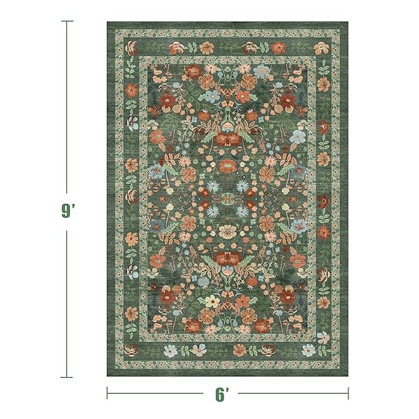 DEERLY GREEN BOHO FLORAL RUG 6X9 VINTAGE BOHO WASHABLE NON-SLIP LIVING ROOM CARPET SOFT LOW PILE THIN BEDROOM FLOOR MAT INDOOR FOR DINING ROOM PLAYROOM NURSERY FARMHOUSE, GREEN/MULTI