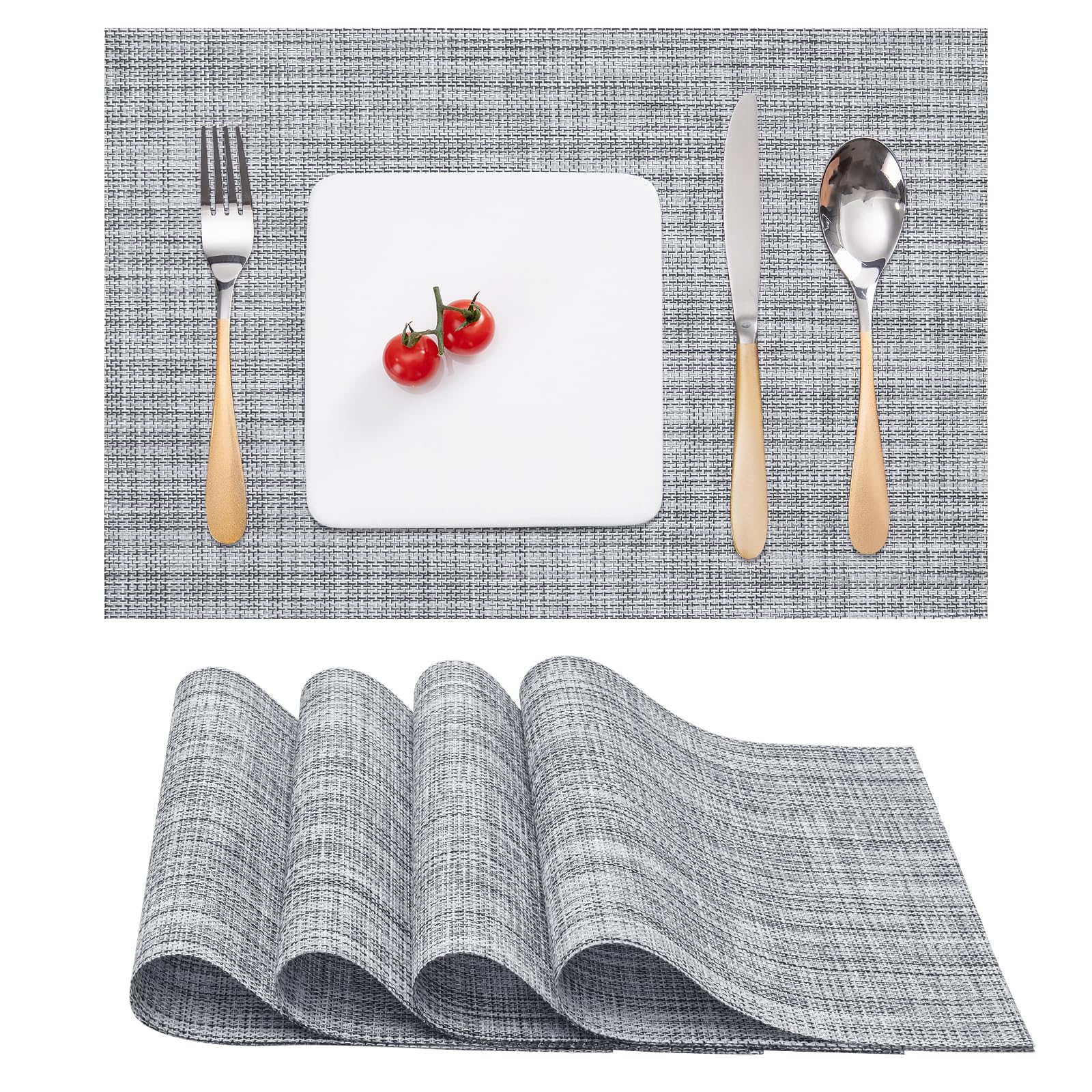 Myir JUN Table Mats Set of 4, Place Mats Table Placemats Washable Non-slip Heat Insulation Woven Vinyl for Kitchen Dinning Restaurant 17"X12" (Light Gray)