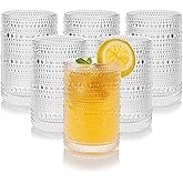 15 oz Clear Hobnail Drinking Glasses with Straws Set of 6, Vintage Glassware Old Fashioned Beverage Glasses, Cocktail Drinking Glassware Set, Kitchen Water Glasses Cup, for Beer, Smoothie, Juice