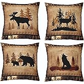 Set of 4 Vintage Bear Throw Pillow Covers,Cabin Deer Hunting Cushion Case for Home Living Room Decor, Reversible Farmhouse Wolf Animals Brown Yellow Decorative Throw Cushion Case, 18x18 Inches