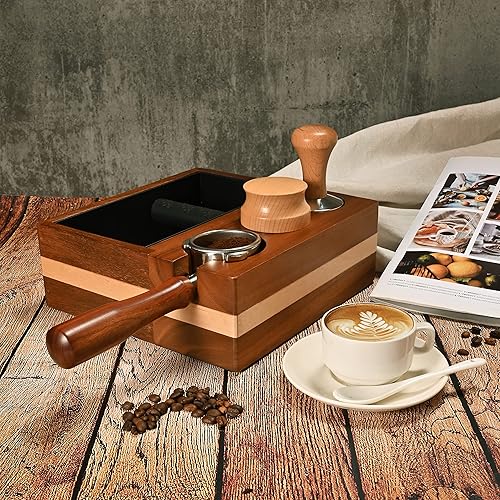 COOSIGAR 58mm Espresso Knock Box & Tamping Station – Walnut/Wood Base, Holds Tamper, Distributor & Portafilter, 1.5L Capacity