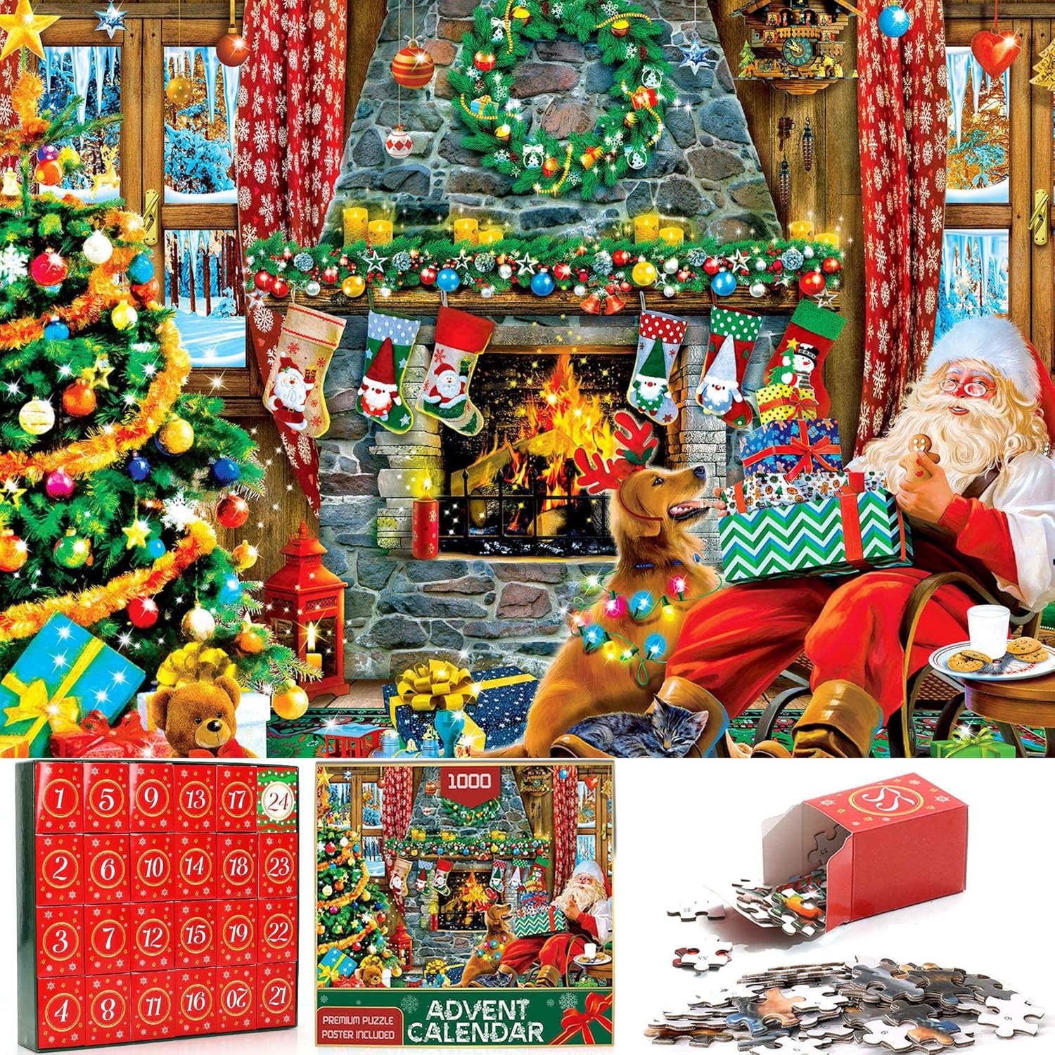 Advent Calendars - Advent Calendar 2023 Puzzle Jigsaw - Festive Fireplace Santa Puppy Advent Calendar Santa Workshop Puzzle Jigsaw 24 Days Surprise Christmas Countdown Calendar 1000 Piece Puzzle Christmas Game Gift for Kids Adults