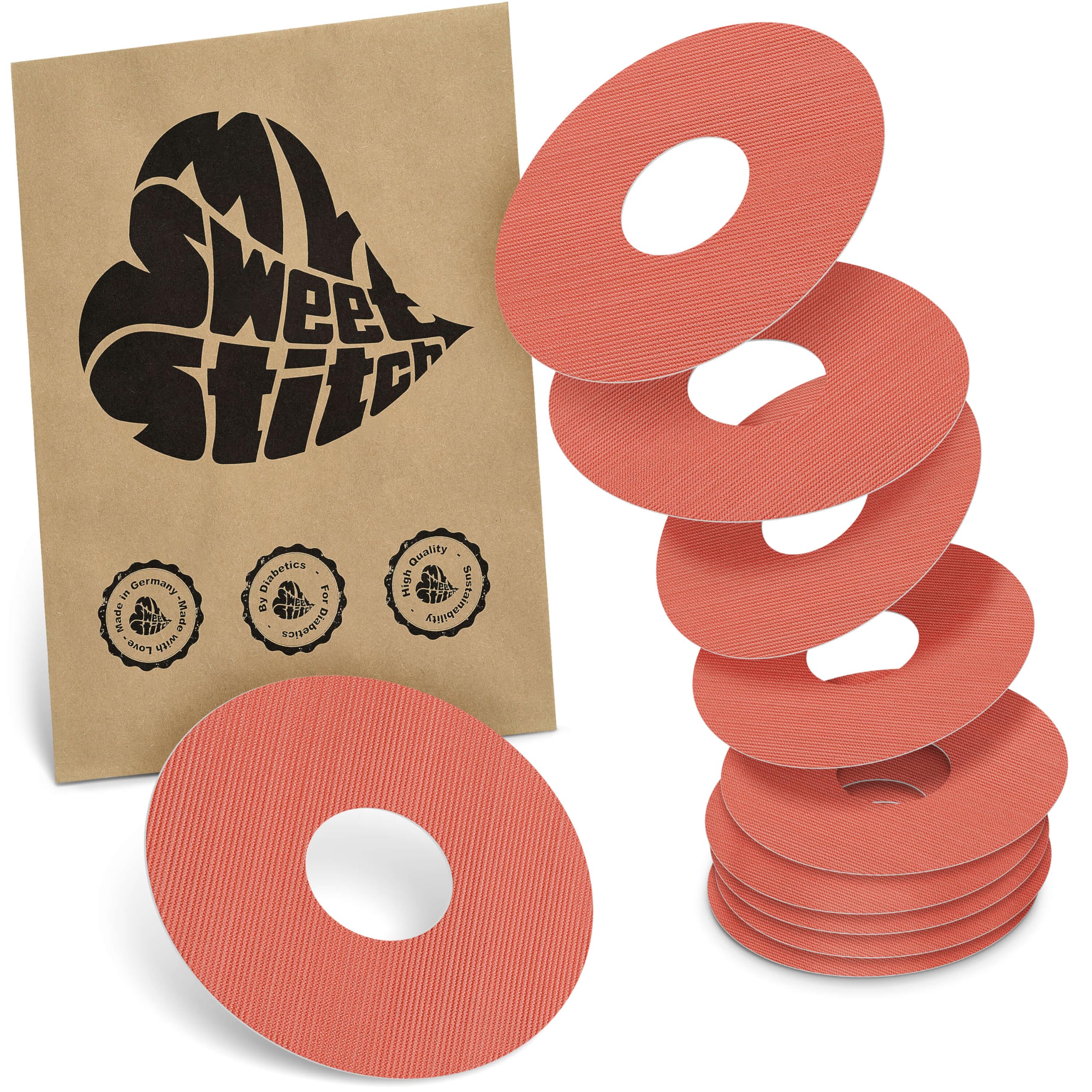 MySweetStitch - 10 x Freestyle Libre 3 Round Patches, Ring Patch Ø 60mm, Inner Ø 20mm, Waterproof, Breathable, Skin-Friendly, Made in Germany, Coral