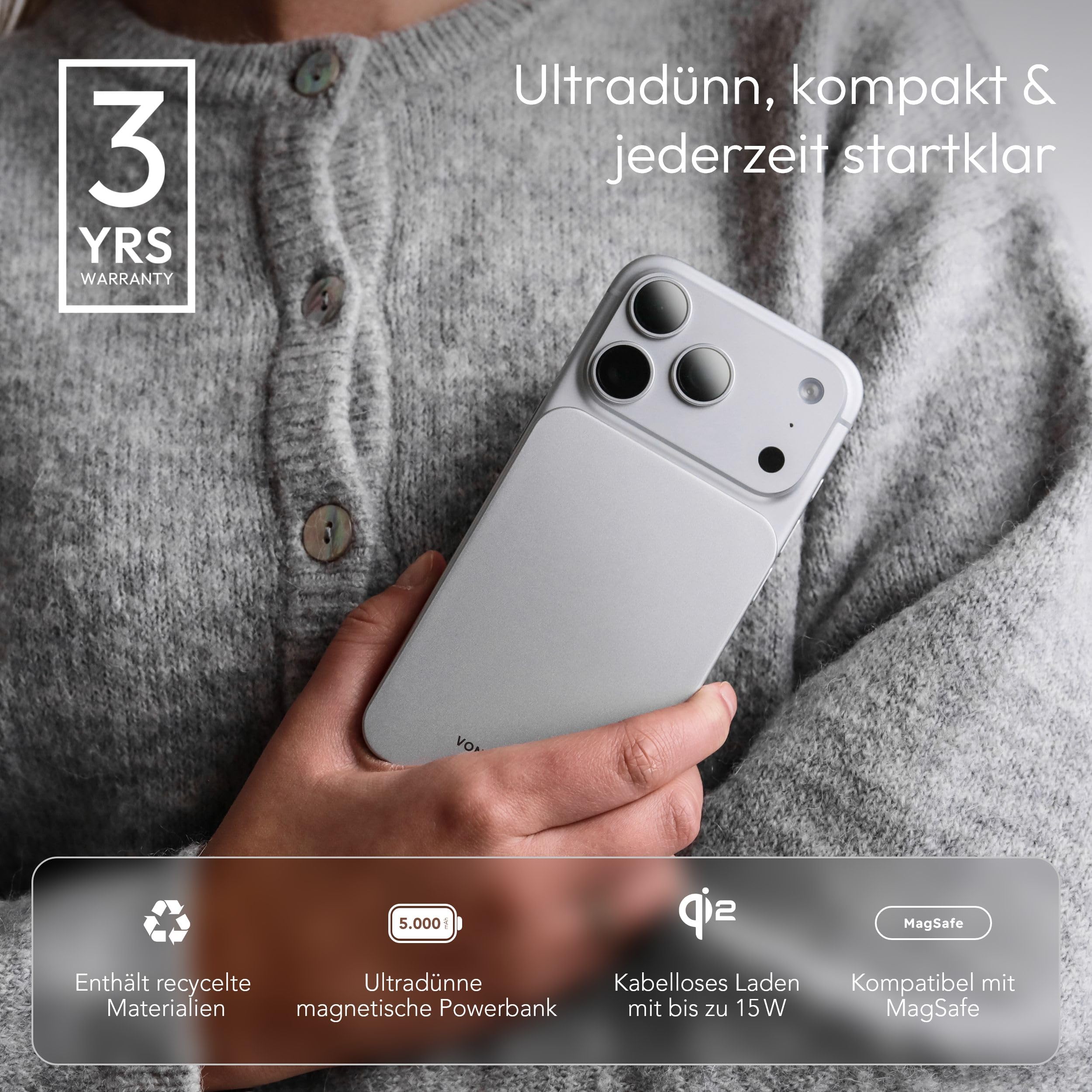 VONMÄHLEN Evergreen Mag - Wireless Powerbank kompatibel mit MagSafe - Ultra Thin, Tragbares Ladegerät mit 5000mAh Kapazität und 15W Drahtloses Laden, magnetische Powerbank (QI2-zertifiziert) - White 2