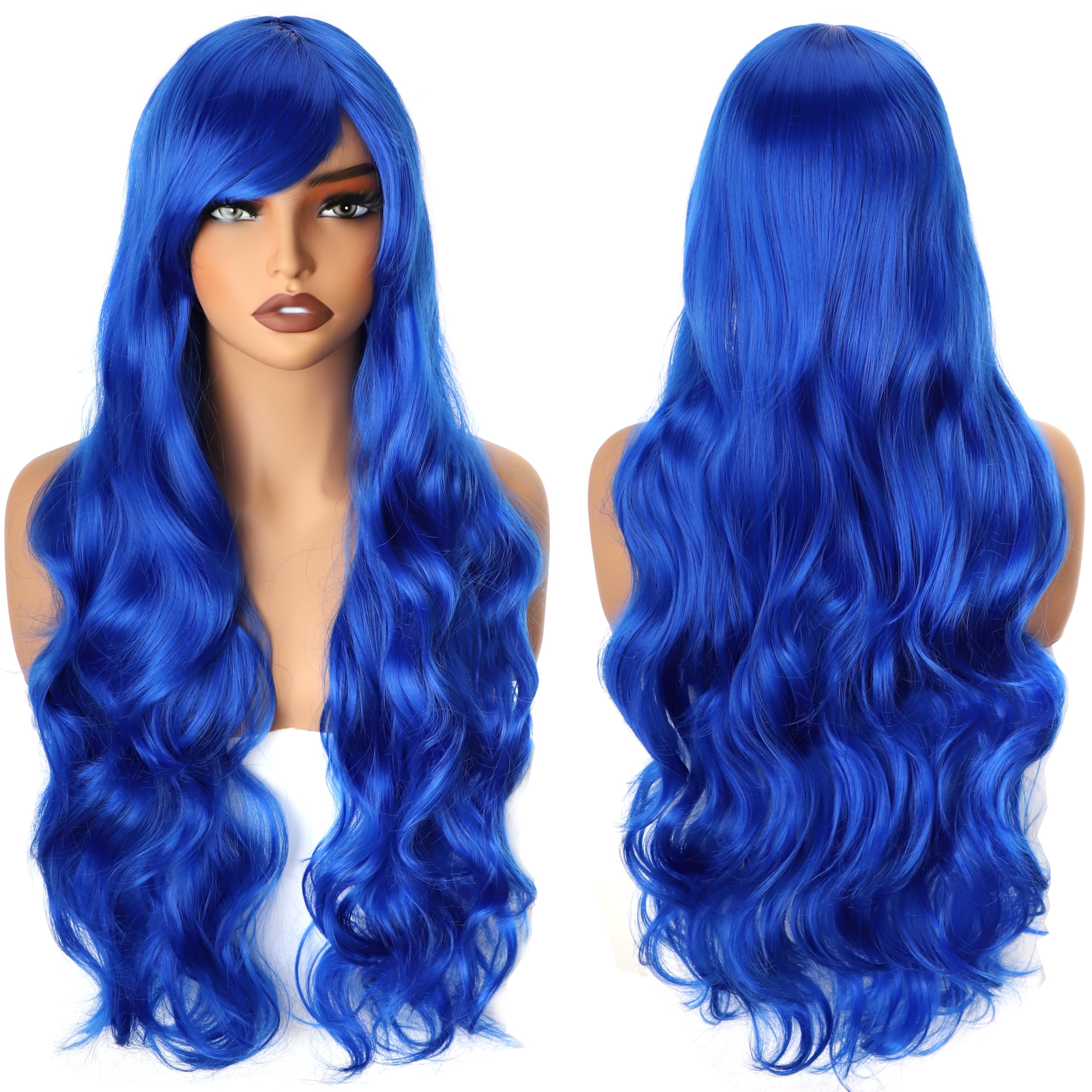 YEESHEDO 32" 80 cm Blue Long Wavy Curly Hair Cosplay Wigs with Bangs for Women Girls Heat Resistant Synthetic Wig for Party Costume Anime Halloween