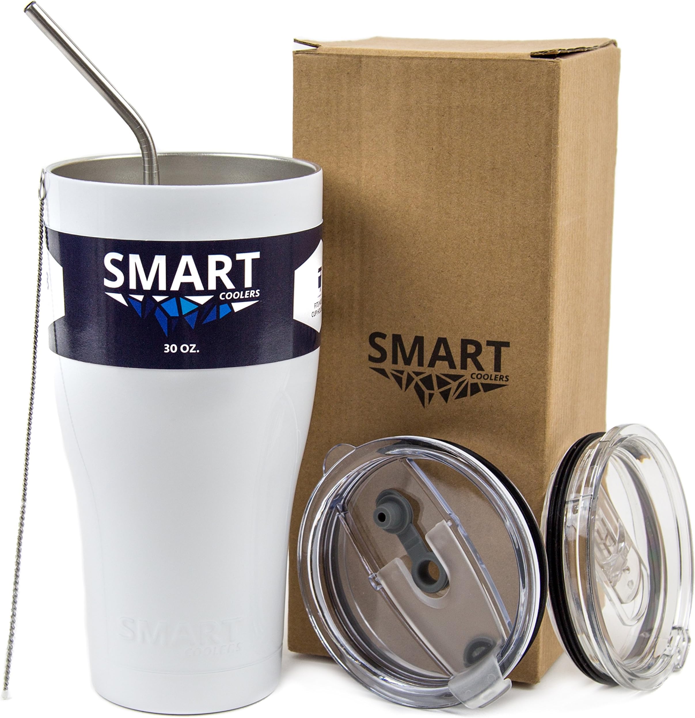 Smart Cooler 30 Oz. Sweat Free Ultra-Tough Double Wall Stainless Steel Tumbler Cup with Leak-proof Heavy Duty Tumbler Lids (Slide Lid & Flip Lid), Straw, & Cleaning Brush - White