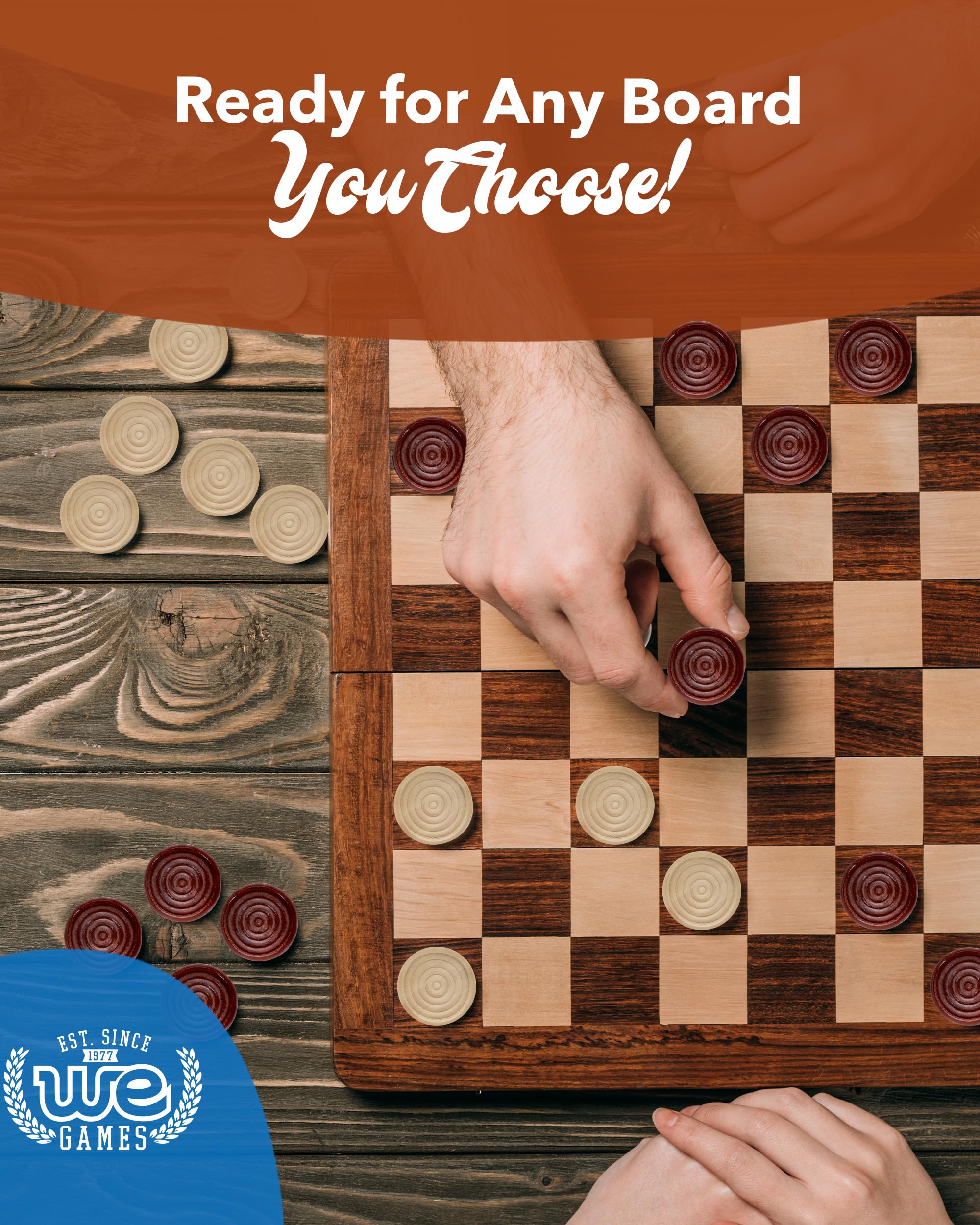 WE Games Wooden Checkers Pieces Only (1.06 inch), Checker Board Game & Backgammon Pieces, 24 Brown and Natural Stained Stackable Ridges with a Drawstring Storage Bag, Replacement Game Piece