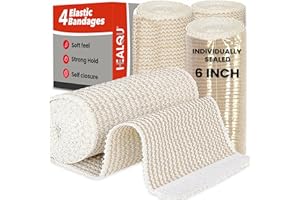 HEALQU Premium Elastic Bandage - 6 Inch by 5 Yards, Box of 4 Rolls - Self-Closure Compression Wrap for Legs, Knees, Ankles, W