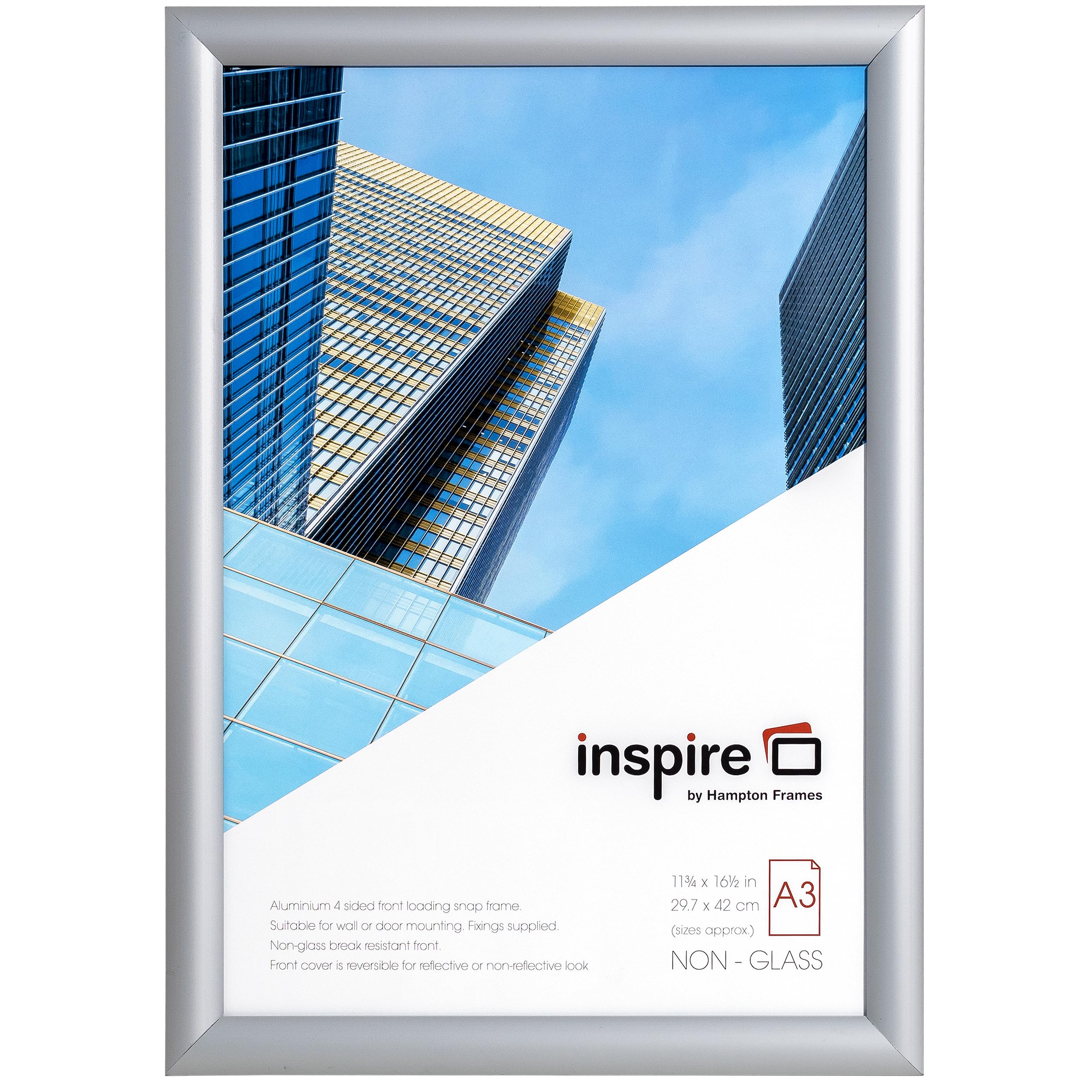 inspire by Hampton Frames | Snap Frame | A3 (30x42cm), Silver, Rectangular, Acrylic Front | Easy Poster Change, Wall Mountable, Non-Glass Display | Modern Photo Frame Decor