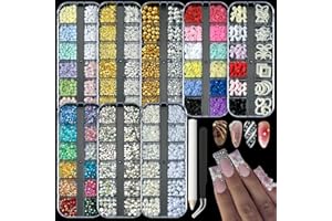 OPMADM 8 Boxes 3D Nail Charms and Gems Bulk Cute Charms for Nails Design kit Bling Crystals Rhinestones Colorful Flower Pearls Star Bows Accessories