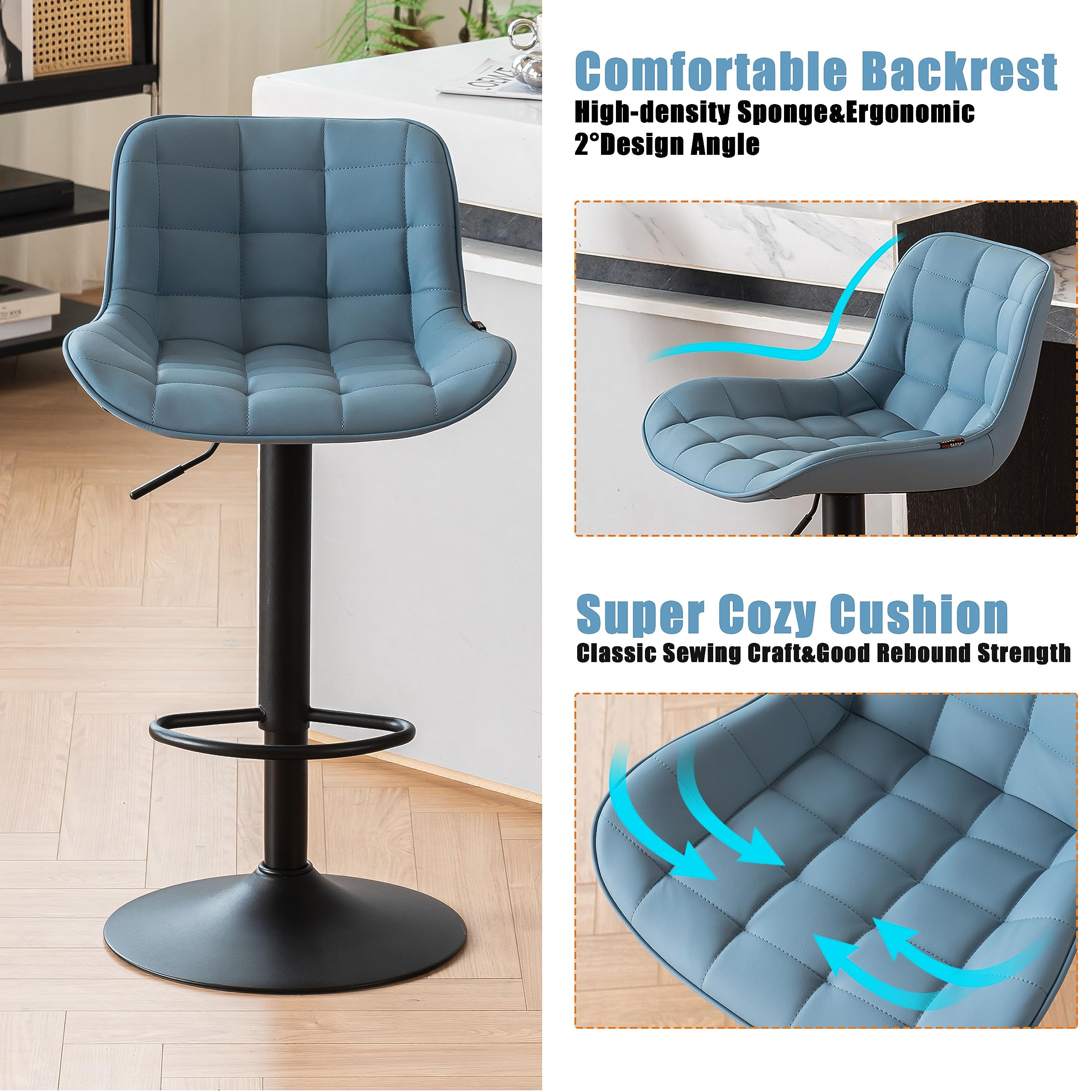 YOUTASTE Blue Bar Stools Set of 2 Counter Height