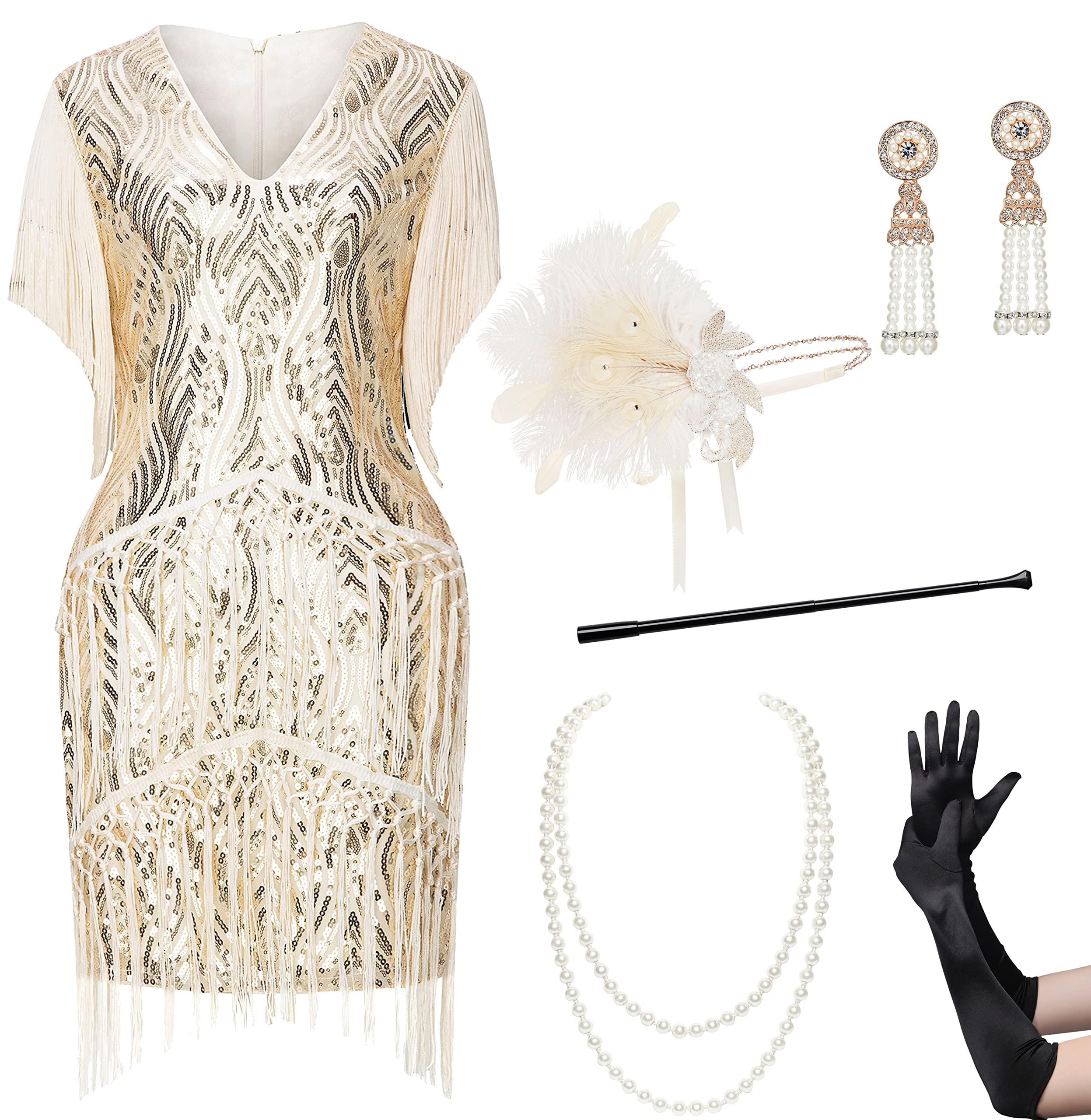 Photo 1 of *HEADBAND ONLY* BABEYOND 1920s Flapper Dress Long Fringed Gatsby Dress Roaring 20s Sequins Beaded Dress Vintage Art Deco Dress, Medium, Set - Beige