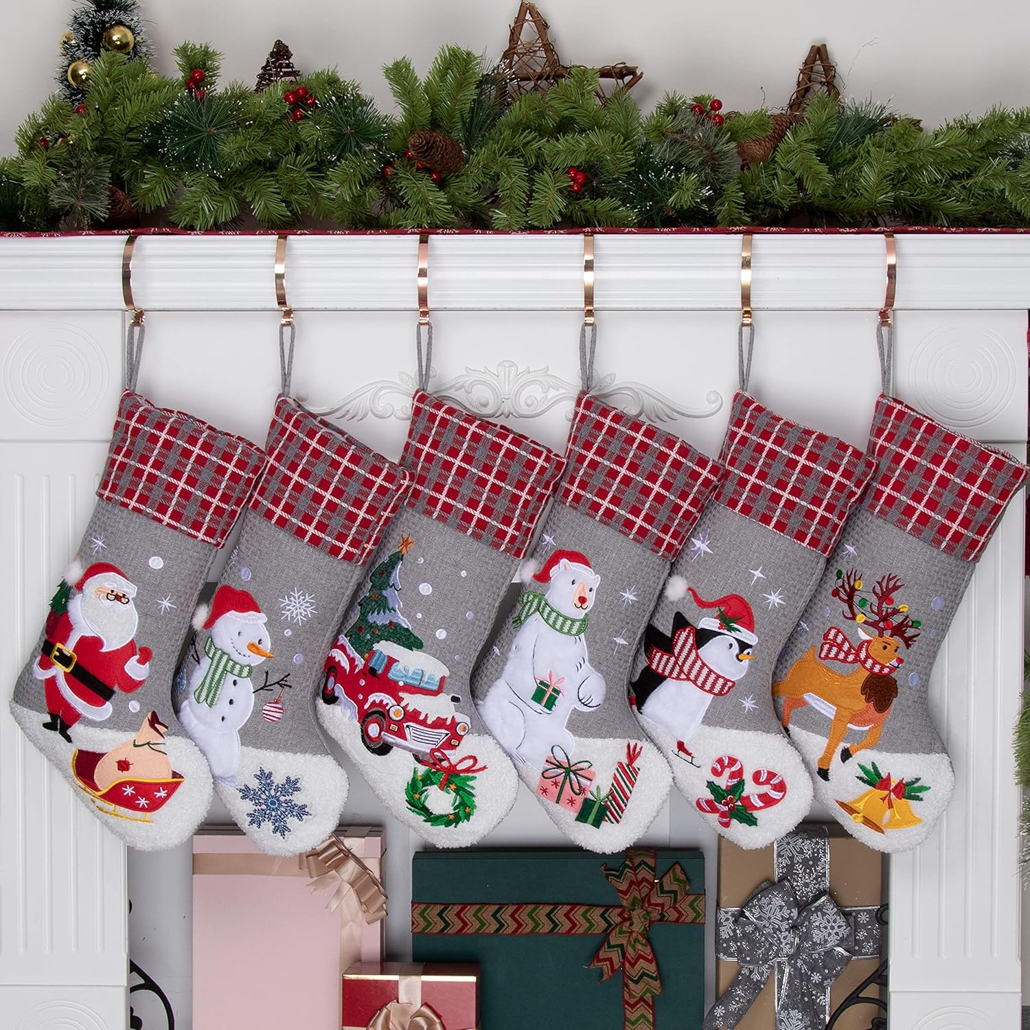 Stockings & Holders - BHD BEAUTY 2023 New Gray Plaid Non-Woven Fleece Fabric Lovely Embroidery Pattern Set of 6 Christmas Stocking for Family Decorations Hanging Ornament for Xmas Holiday Party 20 inches