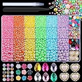 8900PCS Rainbow Flatback Pearls Set, 3D Flower Charms Teardrop Heart Gems Pink Purple Blue Half Round Pearls Bedazzling Bead with Tweezer Pickup Pen for Nail Art Wedding Tumbler DIY Crafts