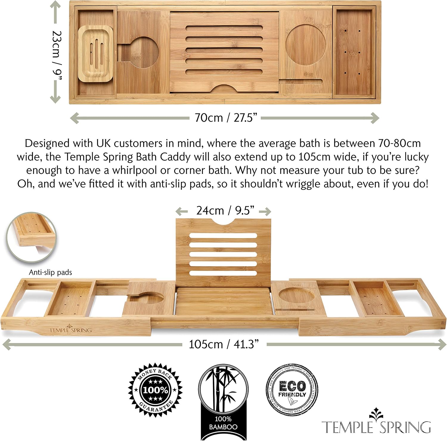 Temple Spring Wooden Bath Tray, Bath Shelf Bathroom Accessory, Home Spa Boards for Adults Bathtub Caddy - Image 4