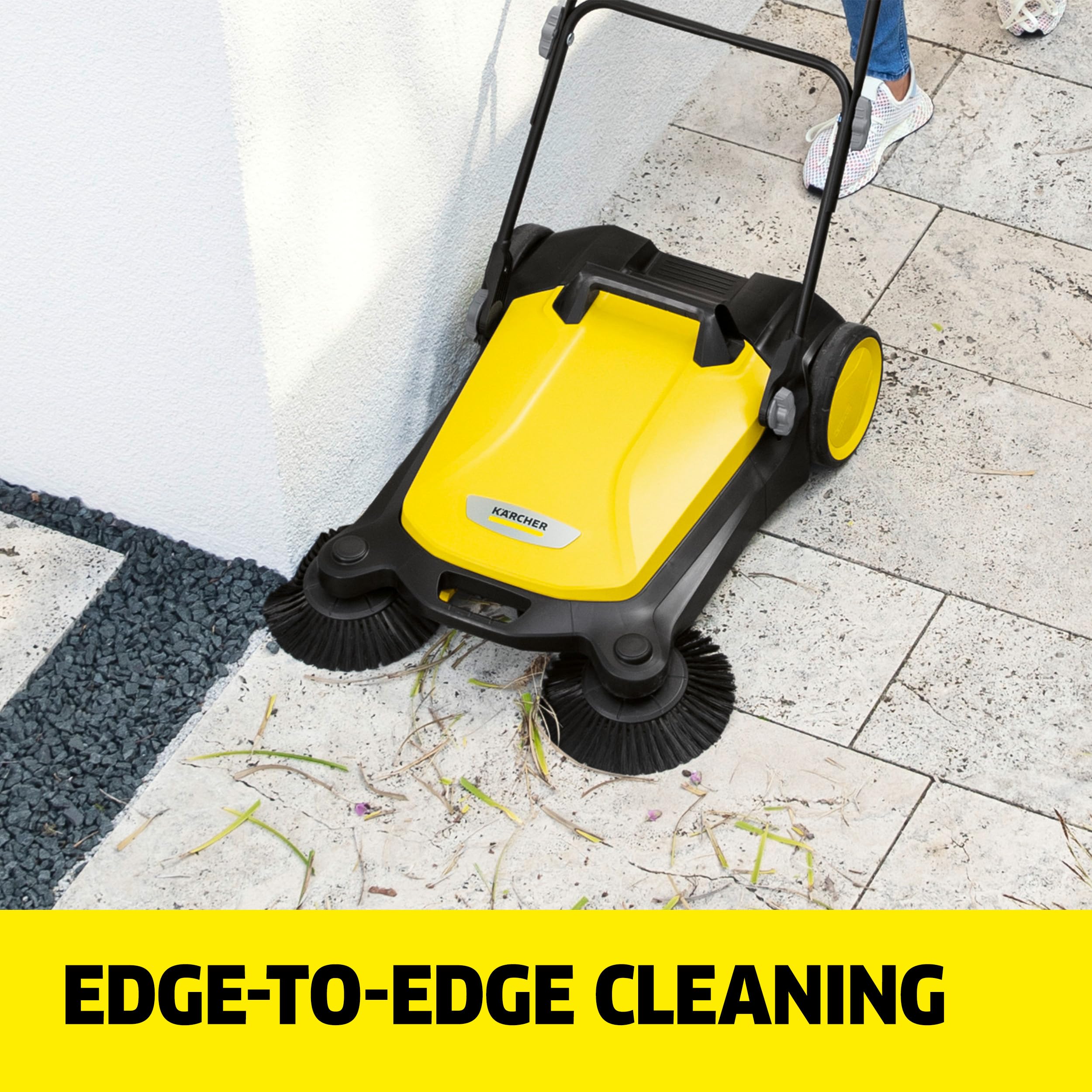 Kärcher Walk Behind Outdoor Push Sweeper S 4 Twin for Workshops, Warehouses or Garages - 5X Faster Than a Push Broom, 5.25 Gallon Capacity, 26.8