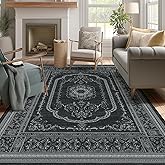 Mymeely 6x9 Large Area Rugs for Living Room, Black Low Pile Machine Washable Rug for Bedroom, Non-Slip Floral Print Durable Vintage Carpet for Dinning Room, Kitchen, Outdoor
