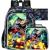 UFNDC 3PCS School Dinosaur Off-road Backpack, Boys Bookbag with Lunch Box, Water Resistant Kids Bag for Elementary Preschool Toddler