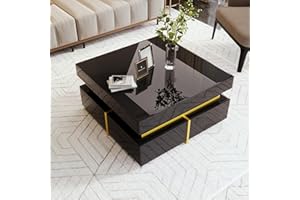 Merax Square Coffee Table 27.5" High-Gloss Living Room Center Table with 2 Storage Drawers, Stylish Gold Accents Decoration, 