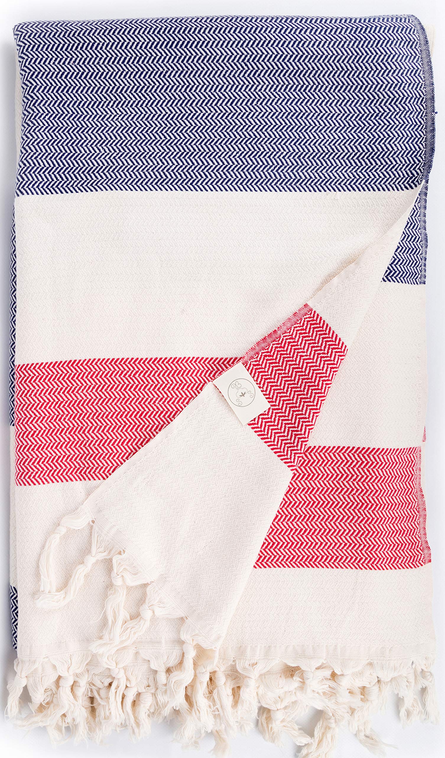 Bersuse 100% Cotton - Aspendos XXL Throw Blanket Turkish Towel - Dark Blue-Red