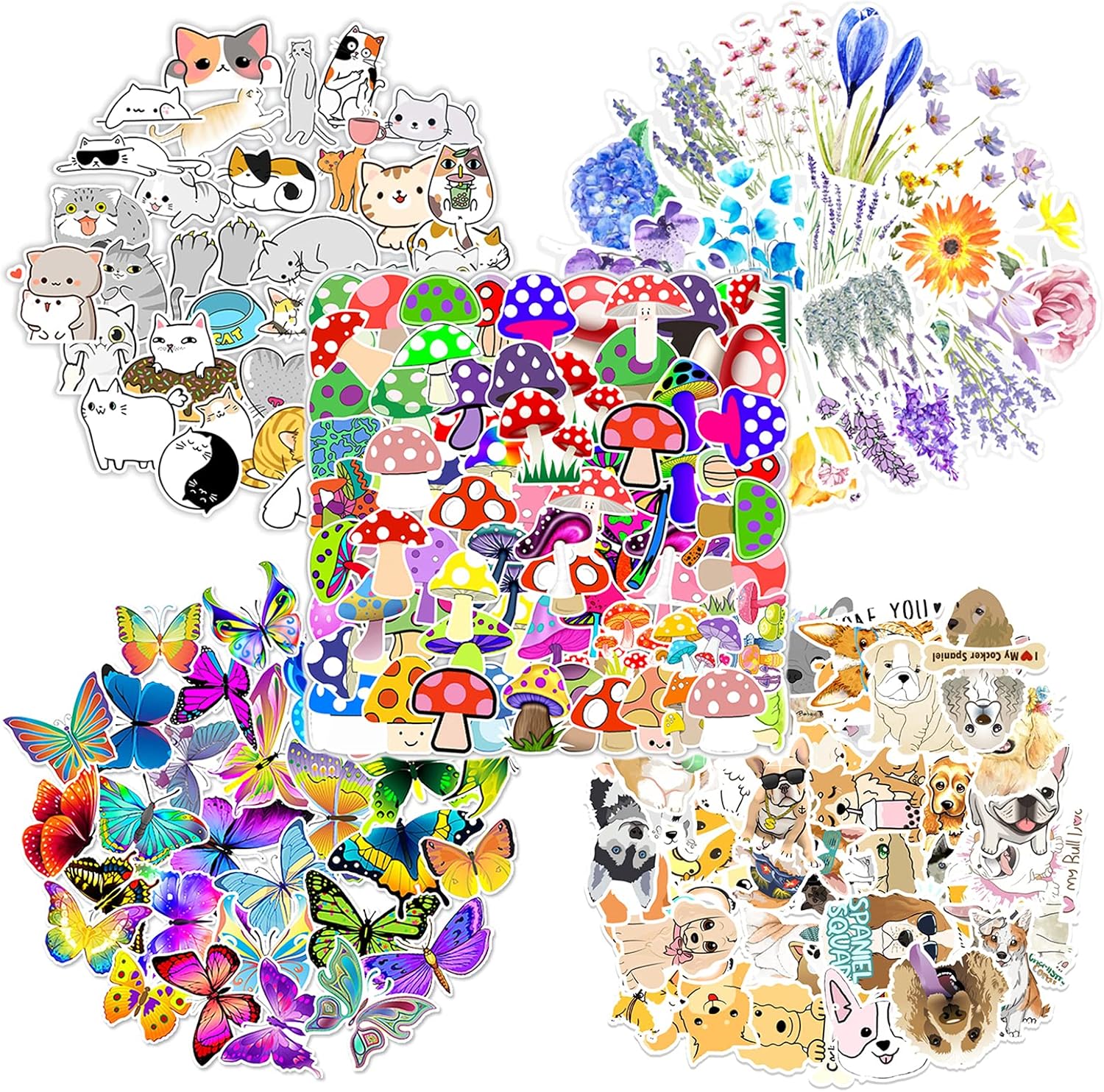 250 Pieces Mixed Sticker for Water Bottles, VSCO Waterproof Aesthetic Trendy Vinyl Decal, Cute Cat Dog Mushroom Flower Butterfly GraffitiStickers for Kids Computer Laptops Phones Luggage Skateboard