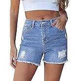 luvamia Jean Shorts for Women High Waisted Ripped Distressed Raw Hem Casual Summer Stretchy Denim Shorts Country Concert