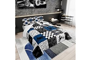 Dirt Bike Comforter Set Queen Size Black Grey Blue Motocross Rider Bedding Set Kids Boys Teens Men Bedroom Racing Themed Patc