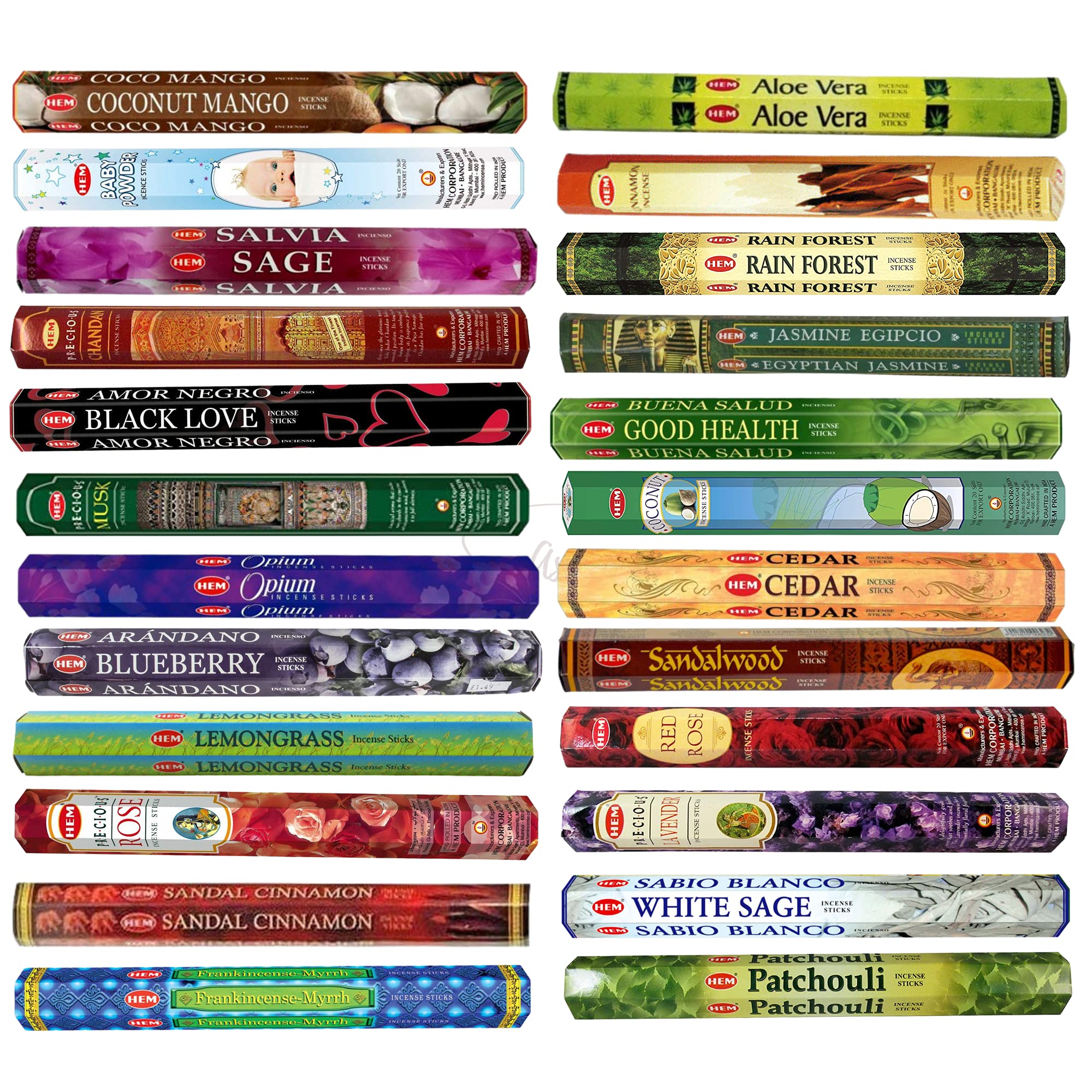 HEM Incense Sticks - 18 unique and premium flavours - Such as but not limited to Sandalwood, Lavender, White Sage, Patchouli, Coconut Mango, Good Health, Lemon Grass with SAMASIA incense holder