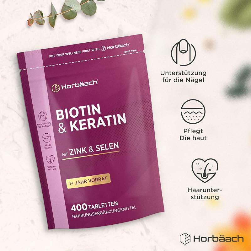 Biotin Keratin Tabletten für Haare mit Zink & Selen - +1 Jahr Vorrat