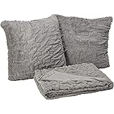 Comfort Spaces Ruched Faux Fur Plush Throw Blanket and Pillow Set with 2 Matching Square Pillow Covers Sofa Throw Blanket for Living Room, Chair, Couch, Home Office Luxurious Fuzzy Soft Grey 50"x 60"