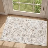 Jainmy Ivory Vintage Boho Washable Oushak 2x3 Neutral Entryway Area Rug | Earth Tone Floral Geometric Kitchen Bathroom Soft Rugs, Small Farmhouse Non Slip Low Pile Thin Indoor Entrance Door Mat