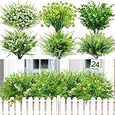 24 Bundles Fake Plants Artificial Plants Flowers for Outdoors Spring Decor, UV Resistant Outdoor Faux Plants Plastic Fern Lavender Flowers Boxwood Greenery Shrubs for Gardens Porch Home Summer Decor