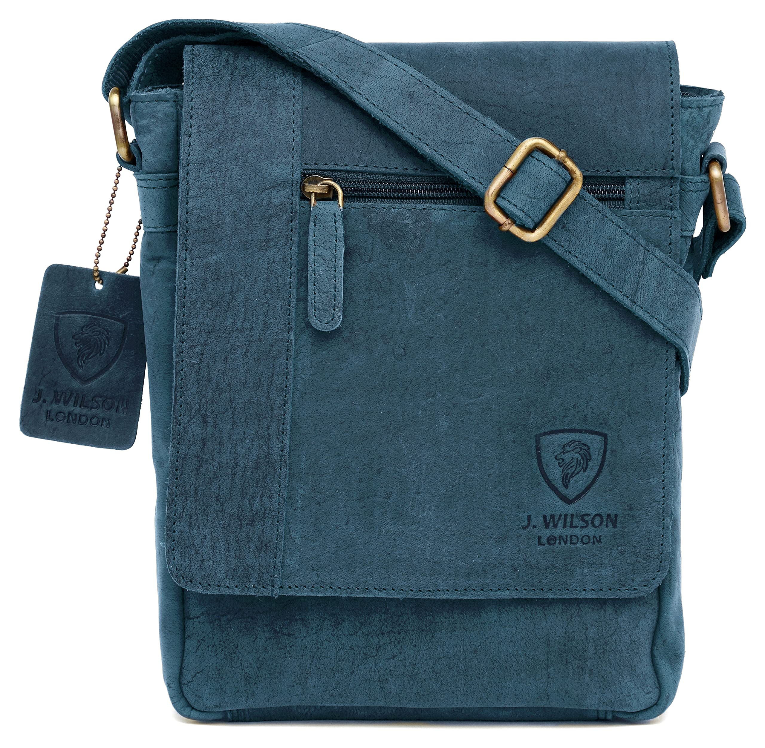 J. Wilson London 100% Pure Genuine Real Vintage Hunter Leather Handmade Mens Leather Flapover Everyday Cross-Body Shoulder Work Messenger Bag (Distressed Blue) — image 1