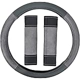 Amazon Basics Leatherette and Suede 15″ Steering Wheel Cover and Seatbelt Pads, Gray