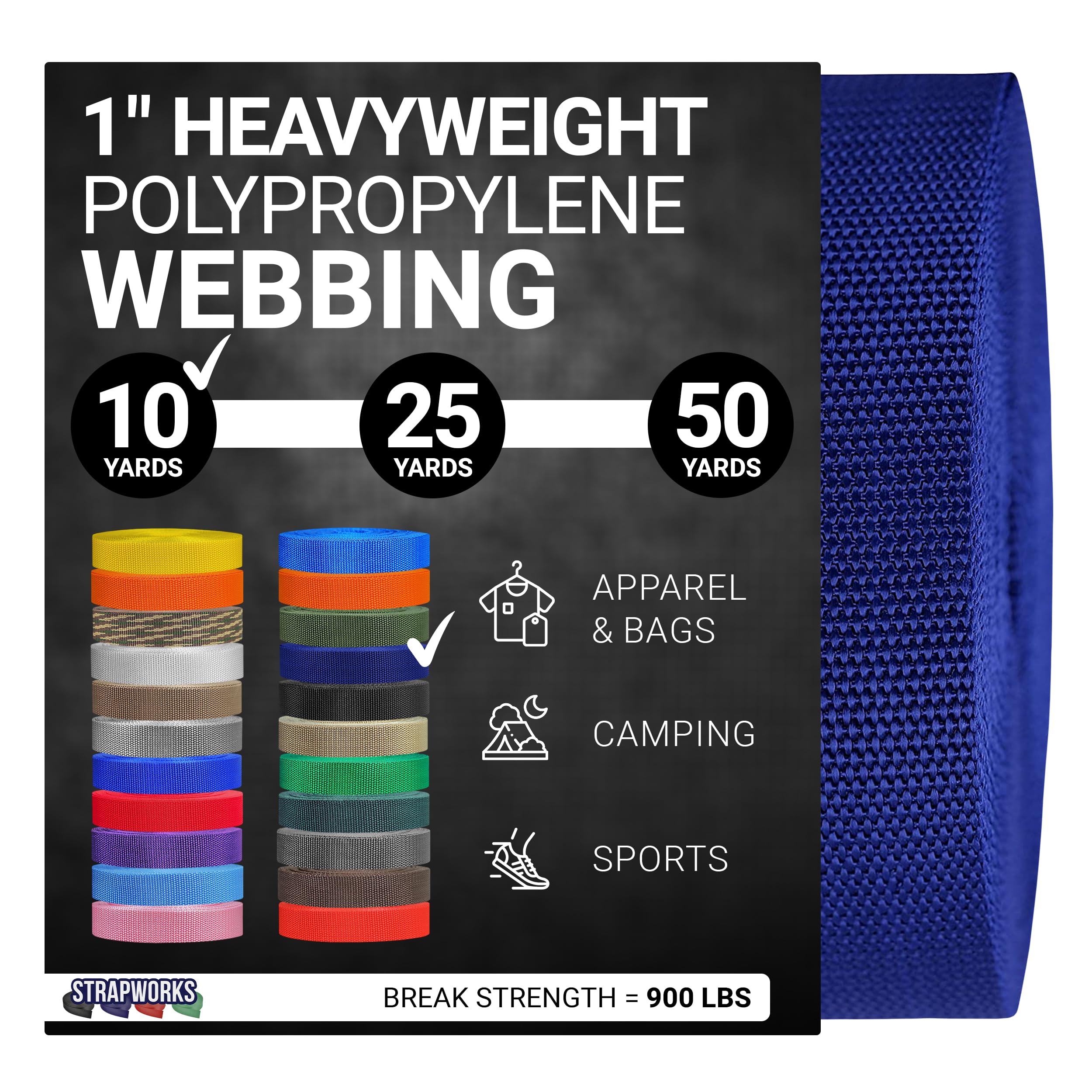 Strapworks Heavyweight Polypropylene Webbing - Heavy Duty Poly Strapping for Outdoor DIY Gear Repair, 1 Inch x 10 Yards - Navy Blue