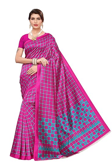 Women With Blouse Piece Art Silk Saree (P-SILK CHECKS PINK_Pink_Free Size